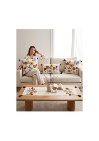 Flora Garden 4 Lü Punch Nakışlı Kırlent & Runner Seti 2 Kare + 1 Dikdörtgen Kırlent Kılıfı + 1 Runner Amerikan Servis Gri