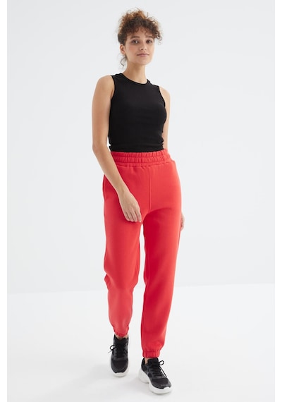 Tommy Life Fiesta Yüksek Bel Şardonlu 3 İplik Pamuklu Basic Kadın Eşofman Alt - 94624 Kırmızı