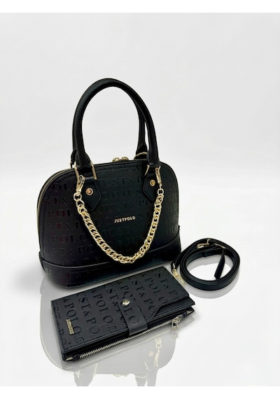 Just Polo Kadın Zincir Detaylı Lüks El & Omuz Çantası Ve Cüzdanı Kombin Shopper Ebat : 25x22 Cm Siyah