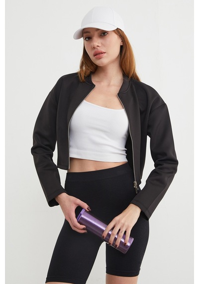 Fullamoda Fermuarlı Hakim Yaka Crop Spor Ceket Siyah