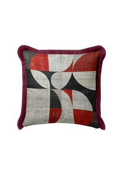 Geometrik Soyut Desen Saçaklı Yastık Kılıfı - Retro Eklektik Gri Siyah Bordo Püsküllü Kırlent Kılıfı Puslu Sahil Ritüel