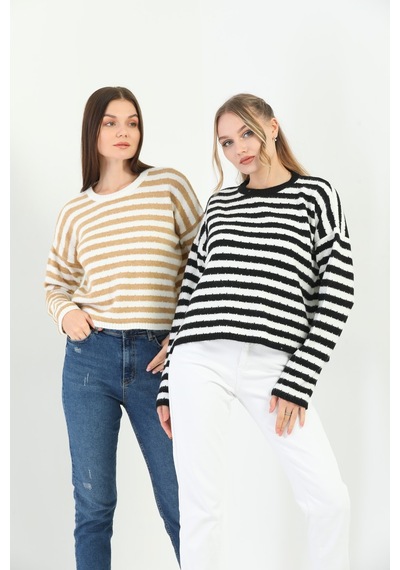 Youknitwear You Angora Çizgili Kazak Lacivert