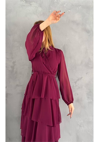 Dip Moda Kadın Astarlı Eteği Kat Kat Şifon Elbise Dpk2041 Bordo