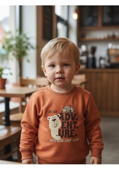 Zekids Erkek Bebek Ayıcık Desenli İnce Uzun Kollu T-shirt-16346 Kahverengi