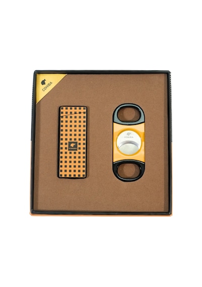 Cohiba Tek Torch Dama Desenli Çakmak Sarı Siyah Kesici İkili Puro Seti Tr9843