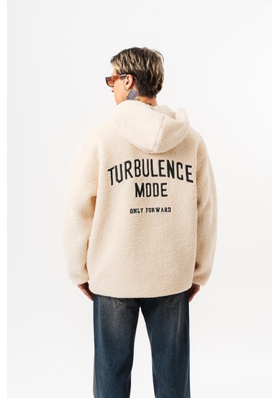 Respire Erkek Yarım Fermuarlı Kapüşonlu Oversize Peluş Hoodie Ekru