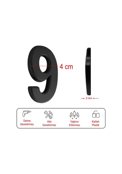 Lexroo Yapışkanlı Kapı Numarası Küçük Boy 50 Mm 5 Cm Numara 9 Rakam Dokuz Sayı Siyah Renk Numaralar Standart