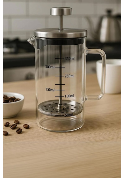 Paslanmaz Çelik Cam French Press 350 Ml - Ölçü Çizgili Filtre Kahve & Bitki Çayı Demliği Şeffaf