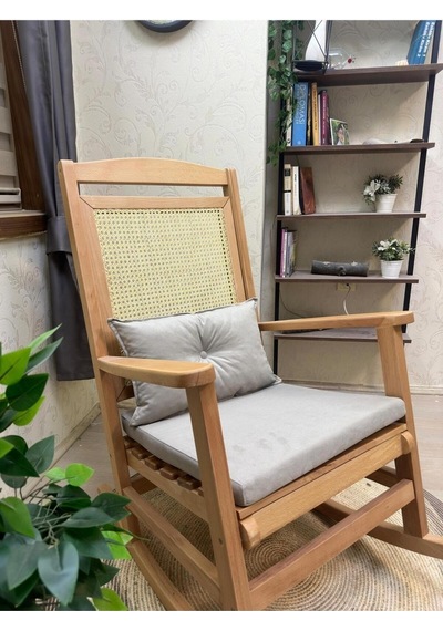 Asedia Veranda Naturel Krem Minderli Hasırlı Sallanan Sandalye Dinlenme Koltuğu