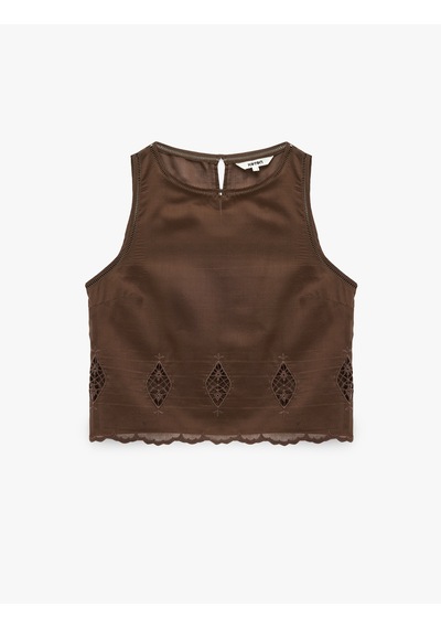 Koton Kolsuz Bisiklet Yaka Dantelli Brodeli Bluz Kahverengi 6sak30044pw Kahve