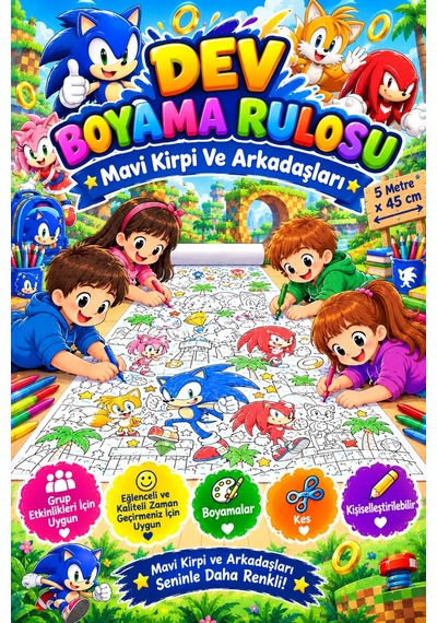 Mavi Kirpi Ve Arkadaşları Dev Boyama Kağıdı Boyama Rulosu Büyük Boy 5 Metre - 812099014