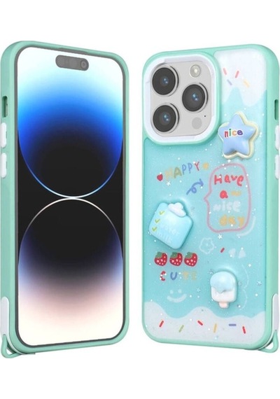 Apple Uyumlu iPhone 14 Pro Max Kılıf Parlayan Simli Kabartma Figürlü Zore Cevze Kapak Yeşil