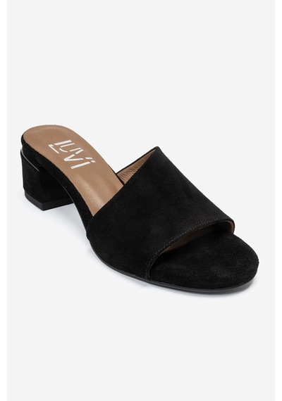 Luvi Shoes Delavıe Siyah Süet Hakiki Deri Kadın Kalın Topuklu Terlik