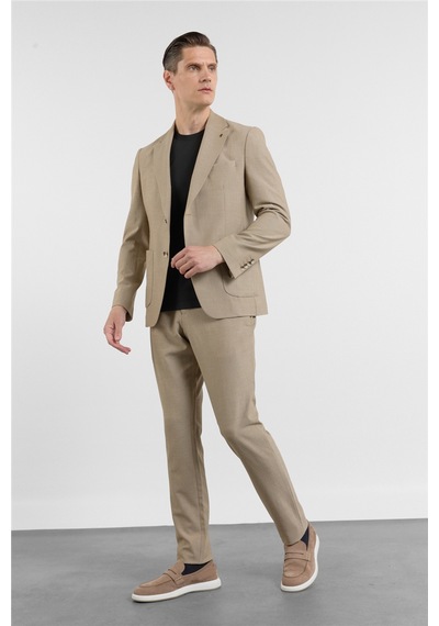 İmza Bej Mono Yaka 6 Drop Slim Fit Esnek Takım Elbise 1001260157 Koyu Bej