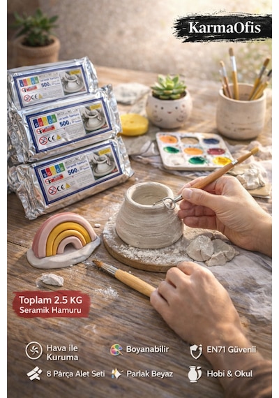 Seramik Hamuru Seti 5x500 Gr + 8 Parça Şekillendirme Alet Seti Air Dry Kil Modelleme Seti Krem