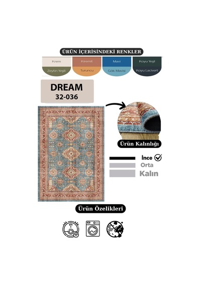 Çam Halı Dream 32-036 Etnik Eskitme Desenli Dokuma Tabanlı Yıkanabilir Şönil Salon Ve Oda Halısı Mavi