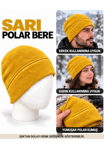 Unisex Polar Bere, Kadın Ve Erkek Uyumlu, Kışlık Yumuşak Polar Bere Sarı