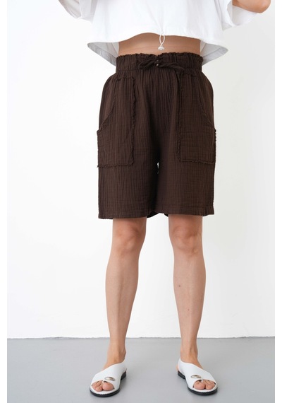 The Voler Müslin Şort Kadın Yüksek Bel Oversize Rahat Kesim Cepli %100 Pamuklu Yazlık Şort Kahverengi The Voler Müslin Şort Kadın Yüksek Bel Oversize Rahat Kesim Cepli %100 Pamuklu Yazlık Şort Kahverengi