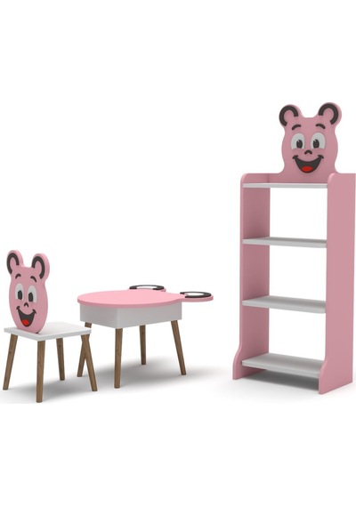 Çocuk Mobilya Seti Happy Face Masa Sandalye ve 4 Raflı Kitaplık Sevimli Figürlü Pembe