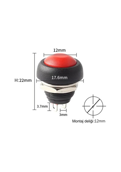 12mm Pbs-33b 2 Pin Push Buton Kırmızı On Off 1a 250v Mini Yuvarlak Su Geçirmez Anahtar