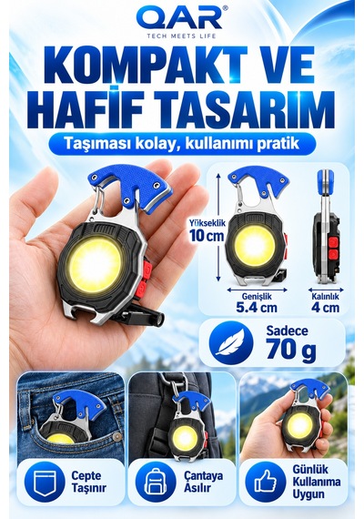 Type-c Şarjlı Çok Fonksiyonlu Mini Led El Feneri Çakmaklı Mıknatıslı Anahtarlık Kamp Lambası Mavi