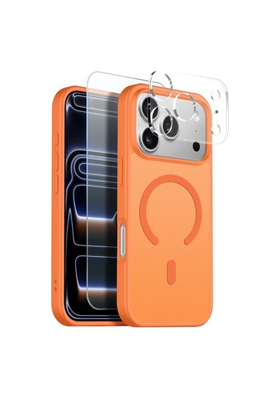 Teleplus Apple Uyumlu iPhone 17 Pro Kılıf Babet Translucent 3in1 Msafe Şarj Özellikli Kapak + Ekran Koruyucu Turuncu