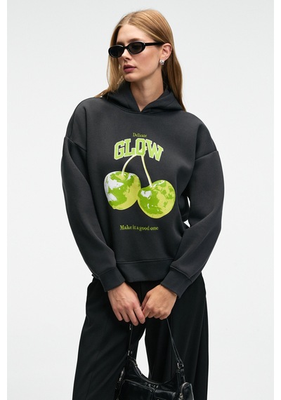 Grimelange YANMESA Kadın Oversize Baskı Ve Nakış Detaylı Uzun Kollu Kapüşonlu Koyu Antrasit Sweatshirt