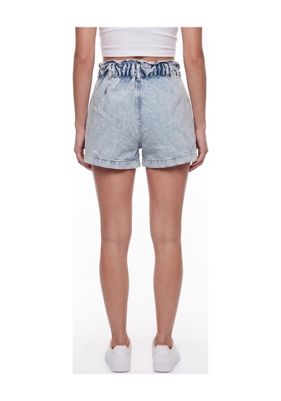CEMO Kadın Yüksek Bel Beli Lastikli Denim Şort Mavi