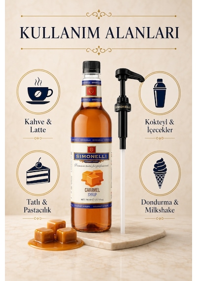 Simonelli Karamel Aromalı Kahve ve Kokteyl Şurubu 700 ML + Şurup Pompası - Latte Frappe Soğuk Sıcak Kahve ve Tatlı Şurubu