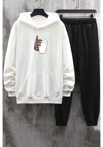 Uyguntarz Unisex Tupac Coffee Baskılı Eşofman Takımı Beyaz