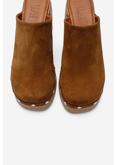 Luvishoes Bellune Taba Süet Hakiki Deri Perçin Detaylı Kadın Kalın Topuklu Terlik