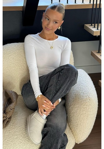 Seeh Beyaz Bisiklet Yaka Basic Uzun Kollu Body Sh142