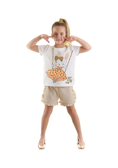 Denokids Mutlu Tavşan Kız Çocuk T-shirt Simli Şort Takım Çok Renkli
