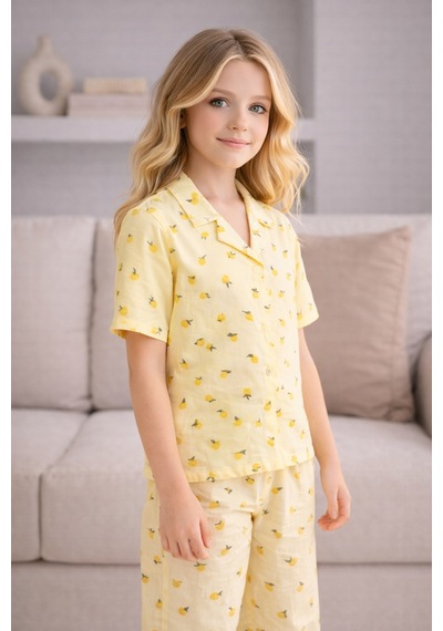 Beka Kids Kız Çocuk Önden Düğmeli Devrik Yaka Kısa Kol Uzun Pantolon Desenli Pijama Takımı Sarı