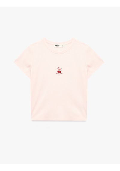 Koton Kısa Kollu Bisiklet Yaka Dokulu Kiraz İşlemeli Pijama Üstü Pembe 6slk40094mk Gül