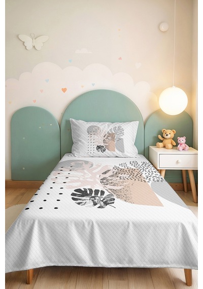 Botanik Gri Genç Odası Bohem Tek Kişilik Pike Takımı-minimal Pudra 160x220 Cm Kapitone Yatak Örtüsü Gölge Taş Örtüsü