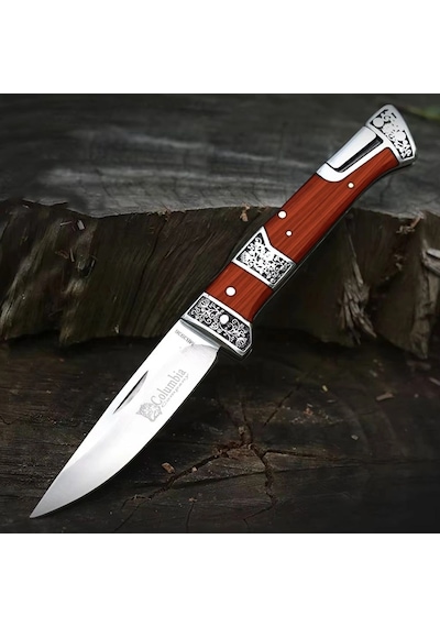 Knivox Columbia Company Mb3936-a Gravür İşlemeli Ahşap Kabze Kamp Çakısı Kahverengi