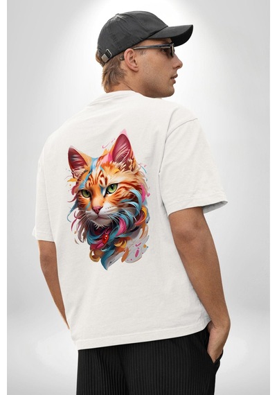 Hayvan Kedi Sanat Potre Beyaz Oversize Unisex Ön Ve Sırt Baskılı Tişört Beyaz