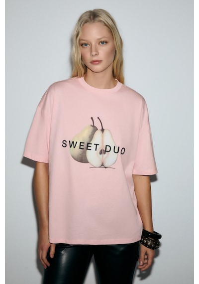 Grımelange Asterıve Kadın Organik Pamuklu Baskılı Bisiklet Yaka Oversıze Somon T-shirt Somon