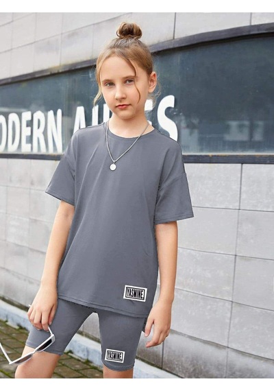 Oversize T-shirt Şort Tayt İkili Takım Gri