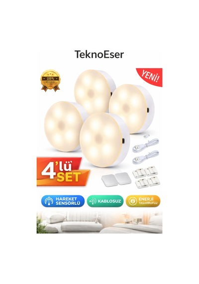 4 Lü Hareket Sensörlü Led Gece Lambası Kablosuz, Şarjlı, Otomatik Aydınlatma Seti Beyaz