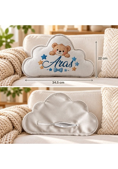 Bk Gift Kişiye Özel İsimli Gri Bulut Yastık-6 - Bebek Ve Çocuk Odası Dekoratif Yastık 34,5x22 Cm