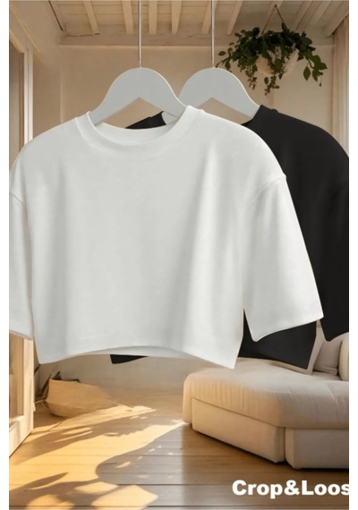 Kadın Siyah-beyaz Bisiklet Yaka Oversize Crop Tişört - %100 Pamuklu Basic Kısa Kol Siyah - Beyaz