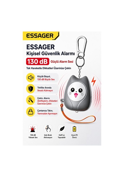 Essager 130 Db Kişisel Güvenlik Alarmı Led Fenerli, Çekmeli Acil Durum Alarmı, 450mah Şarjlı Taşınabilir Anahtarlık