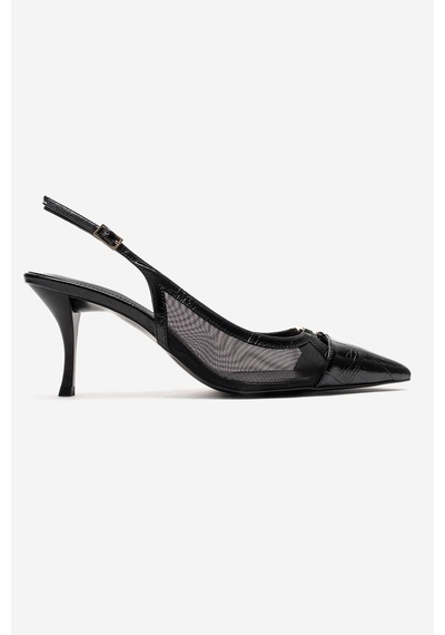 Luvishoes Orella Siyah Baskı Tokalı Fileli Kadın Topuklu Ayakkabı Siyah