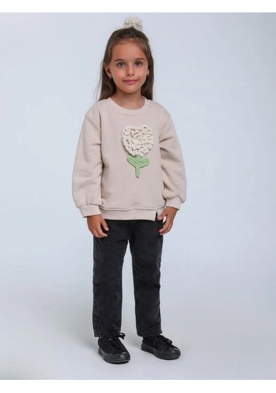 Kız Bebek Örgü Çiçek Detaylı Sweathirt-14304 Bej