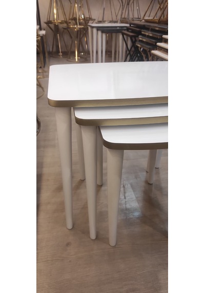 3 Lü Mdf Lam Zigon Sehpa Takımı , Ahşap Zigon Sehpa Beyaz - Altın