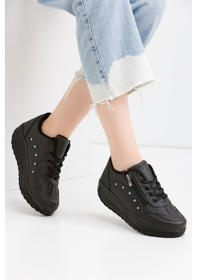 Kadın Siyah Spor Ayakkabı 6 Cm Yüksek Rahat Taban Sneaker X300 Siyah