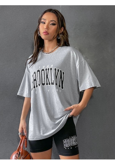 Flood Of Style Kadın Gri Brooklyn Bisiklet Yaka Tshirt