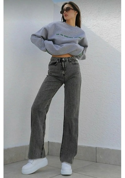 Lavajeans Kadın Likralı Yüksek Bel Bol Paça Kot Pantolon- Wide Leg Koyufüme0124 Koyu Füme